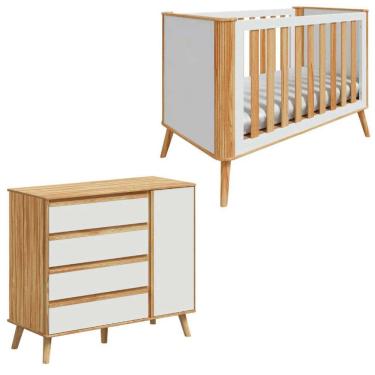 Imagem de Kit Berço Com Cômoda Quarto De Bebê MDF Off White Amêndoa