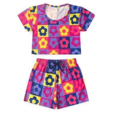 Imagem de Conjunto Verão Menina Tulipa Cropped e Shorts Com Cadarço Florzinhas -