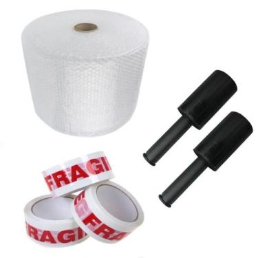 Imagem de Kit Plastico Bolha 40cmx100m 2 Filme Stretch Preto 2 Fita cuidado Frag