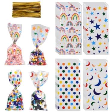 Imagem de SOFPLATE 100 peças 27 x 12 cm sacos de guloseimas coloridas de celofane pequenos sacos de presente de plástico com laços arco-íris lua estrela ponto retangular bolsas acessórios para biscoitos