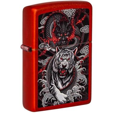 Imagem de Zippo Isqueiro de bolso vermelho metálico design dragão tigre