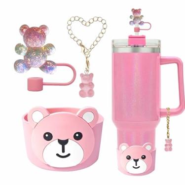 Imagem de 3 peças de bota de silicone para copo Stanley 30 e 1,134 g, capa de palha fofa protetor inferior de urso acessórios de copo adequados, sem copo (rosa)