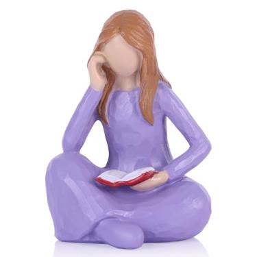 Imagem de Estátua de mulher pensadora de leitura – Presente para amantes de livros para mulheres para graduados, leitores, professores, decoração de prateleira de livros, estatuetas de mesa abstratas para mesa