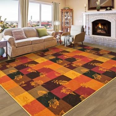 Imagem de ASPMIZ Tapete de outono 20 x 25 cm para sala de estar, tapete lavável de lã sintética macia para quarto, antiderrapante, folha de bordo laranja, tapete de baixo perfil, tapete grande para sala de