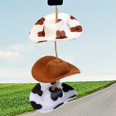 Imagem de Nabegum Espelho retrovisor ocidental com estampa de vaca acessórios para pendurar bonito chapéu de cowboy de girassol decoração artesanal de feltro mini chapéu ornamento pendente para mulheres e