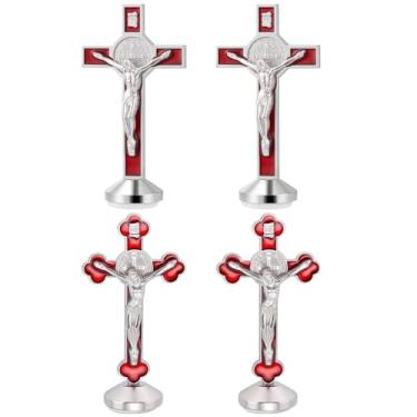 Imagem de PLIGREAT 4 peças de crucifixo em pé de metal vermelho, adesivo de decoração de presentes de 8,2 cm/3 polegadas na parte inferior para colar no topo da mesa ou altar doméstico, 2 estilos