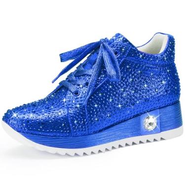 Imagem de FINDVELL Tênis feminino moderno com glitter, plataforma, plataforma, strass brilhante, cano alto, sapatos modernos de lantejoulas, vestido de noiva, Azul, 38
