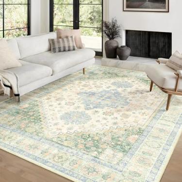 Imagem de MUJOO Tapetes laváveis de 15 x 23 cm, boho para sala de estar, quarto, sala de jantar, tapete grande antiderrapante para interior, verde claro e azul