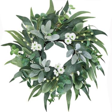 Imagem de BINFEN Guirlanda de eucalipto verde de 50,8 cm para porta da frente com orelhas de cordeiro, flores brancas – decoração de casa de fazenda realista para primavera, verão, outono e inverno para varanda
