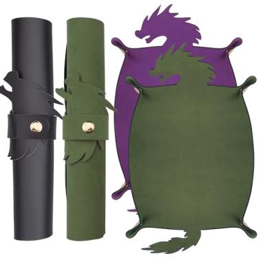 Imagem de SIQUK 2 bandejas de dragão para rolar dados de couro PU, suporte dobrável de dados de rolagem para jogos de RPG D&D (verde escuro, violeta)