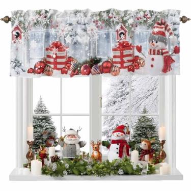 Imagem de Homechoid Enfeite de cortina de boneco de neve de Natal para janelas/sala de estar/cozinha/banheiro/café, floco de neve de inverno, ramo de pinheiro, bolas vermelhas, bolso de haste curta, painel de