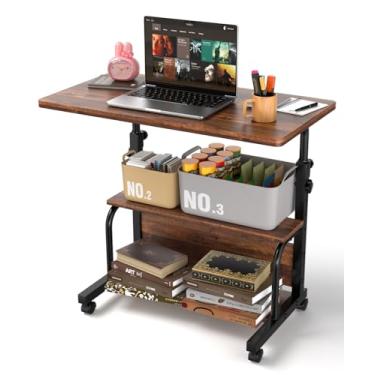 Imagem de QZMDSM Mesa portátil com rodinhas pequena mesa de pé ajustável com rodas para espaços pequenos, mesas de computador de 81 cm com prateleiras de armazenamento para escritório doméstico rústico
