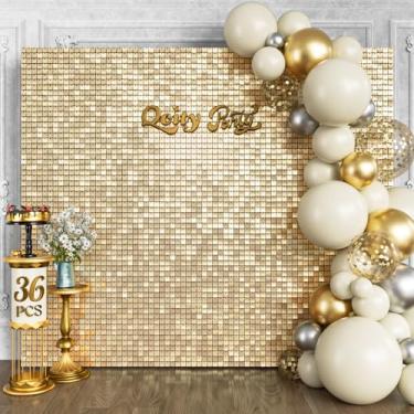 Imagem de Qcity Fundo de parede brilhante dourado champanhe, 36 peças, design preto não transparente, painel de fundo quadrado com glitter, perfeito para eventos ao ar livre, aniversários, casamento e decoração