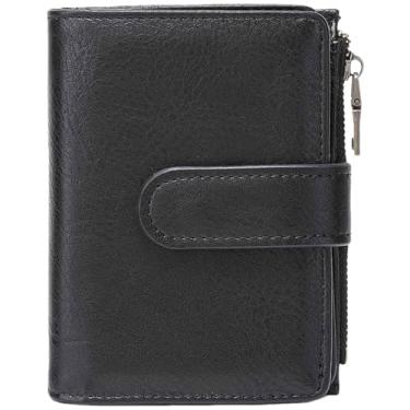 Imagem de Carteira feminina pequena de couro genuíno com bloqueio de RFID, bifold compacta com zíper, Preto, Vintage