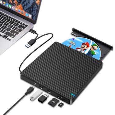 Imagem de Guamar Unidade externa de CD DVD: Gravador USB-C portátil fino para laptop, PC, MacBook, Mac, Windows 11/10 com slot SD/TF/2 portas USB, transferência rápida de dados - Plug & Play (preto)