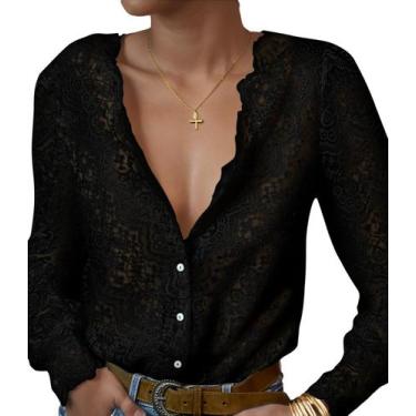 Imagem de Blusa LUXVEER, blusa de renda para mulheres, manga comprida, preta, XX