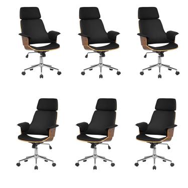 Imagem de Kit 6 Cadeira de Escritório Home Office Decorativas Casemiro PU c/Regulagem de Altura Base Giratória Preto G56 - Gran Belo
