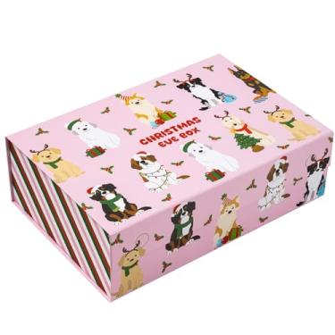 Imagem de WRAPAHOLIC 1 caixa de presente de Natal com tampa – design de letras de cães de festa de Natal de 33 x 23 x 10 cm, caixa de papelão dobrável com fecho magnético e 2 peças de papel de seda