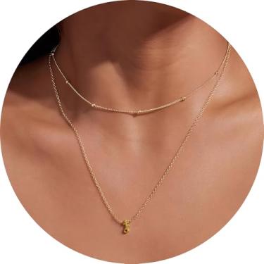 Imagem de Colar feminino com inicial em camadas, pingente de letra A-Z, gargantilha de corrente dupla, joias delicadas em camadas, estilo minimalista, 14+2in/16+2in, Aço inoxidável, Sem Pedra Preciosa