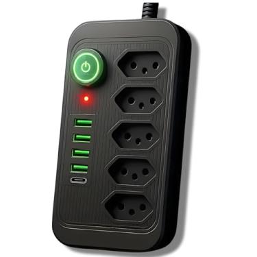 Imagem de Filtro de Linha Bivolt 5 Tomadas com 4 USB e 1 Porta Tipo-C, Cabo Reforçado 1,9 m, 2500W, Protetor de Surtos e Raios, Extensão Elétrica para Casa, Escritório e Setup Gamer com Carregamento RápidoExtra
