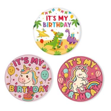 Imagem de 3un. Broche Aniversário Fofo Desenho Animado, Dinossauro & Unicórnio Its My Birthday Botão Colorido Botão Redondo Insígnia para Festas Tema Unicórnio Dinossauro Lembrancinhas & Decorações