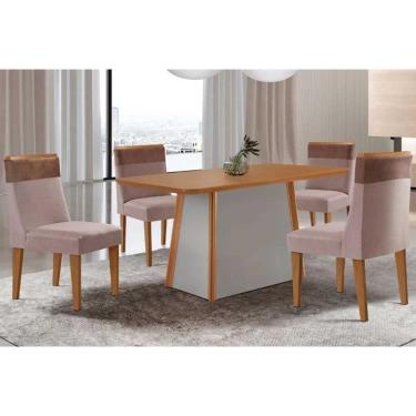 Imagem de Conjunto Sala de Jantar Tilia c/ Tampo Madeirado Canto Curvo 120x80cm e 4 Cadeiras Jaspe Madeira Maciça Naturale/Off White - Capuccino/Linho Capuccino