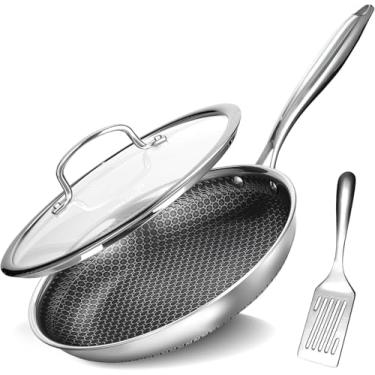 Imagem de USELUCK Frigideira antiaderente de 25 cm com tampa, frigideira de aço inoxidável com superfície de favo de mel, compatível com indução, pode ir ao forno e à lava-louças