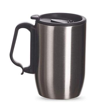 Imagem de Caneca Térmica 350ml em Aço Inox com Alça Mosquetão, Tampa Vedada e Base em EVA — Conserva Bebidas Quentes e Frias (Prata)