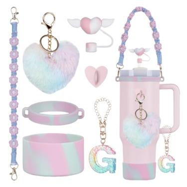 Imagem de Rabrgab Conjunto de 7 peças de acessórios para copo Stanley com alça, decoração de copo feminino para meninas para 1,134 g, 850 g, 590 g, incluindo topo de palha de coração, pingentes de coração, bota