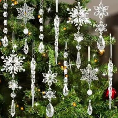 Imagem de Enfeite de cristal transparente, tira de gelo de Natal, flocos de neve, gotas de água, pingentes pendurados, decoração de árvore de Natal (12 peças, estilo 1)