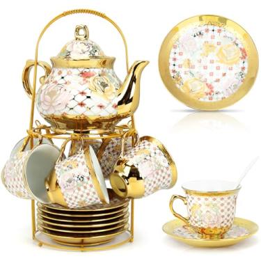 Imagem de YCWF Conjunto de chá de porcelana com suporte de metal, conjunto de chá de cerâmica europeu para bule de chá de 6.700 ml, lindos conjuntos de chá de presente para casa e festa (amarelo dourado)