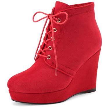 Imagem de Perisis Botas femininas plataforma plataforma cano curto preto cadarço bico redondo sapatos confortáveis, Camurça vermelha, 35 BR