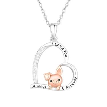 Imagem de SUPAC Colar com pingente de coração de cristal com design de porco em ouro rosa, corrente de aço inoxidável, mensagem I Love You Always & Forever, diamantes de zircônia, 43 cm