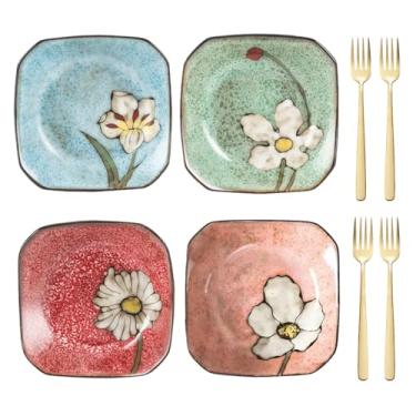 Imagem de (Conjunto de 4 + 4 garfos de pratos de cerâmica) Pratos fundos para cozinha, 17,5 cm - para café da manhã, almoço e jantar - adequado para bifes, saladas, massas, aperitivos, etc. - Seguro para