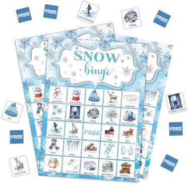 Imagem de DRWJPAT Jogo de bingo de neve, jogos de festa de Natal para adultos, cartas de jogo de bingo de boneco de neve de Natal para atividades de amigos em família em grupo grande, suprimentos de decoração