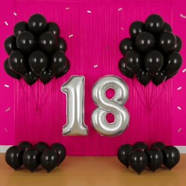 Imagem de Kit Festa Completo Metalizado | Balões Números 40cm + Cortina 2m | Decoração Profissional Econômica(PINK/PRETO)