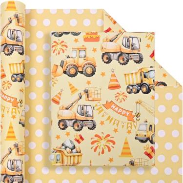 Imagem de Altarho Rolo de papel de embrulho reversível para crianças, meninos, caminhões amarelos, aniversário e bolinhas, folhas de embrulho para presente para decoração de festa de chá de bebê, total de 28,5