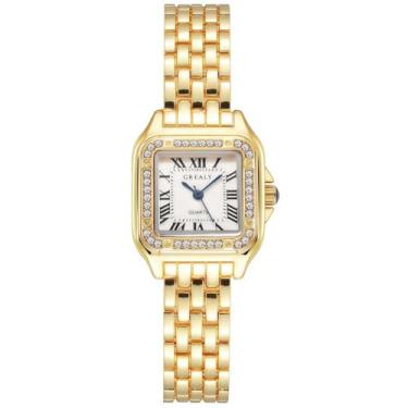 Imagem de Kchss Relógio feminino com mostrador romano, pulseira de aço inoxidável, conjunto de relógio de pulso feminino, Ac. Dourado, branco e cristal