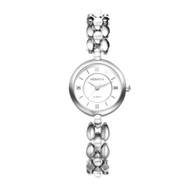 Imagem de JewelryWe Relógio feminino pulseira de pérola: relógio de pulso feminino dourado à prova d'água quartzo analógico elegante caixa redonda numerais arábicos com pulseira destacável, Prata, relógio