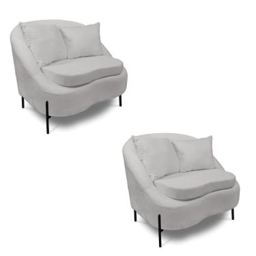 Imagem de Poltrona Decorativa Orgânica Pé De Metal Preto Kit 2 Zaya Bouclê C05 - D'rossi Cinza