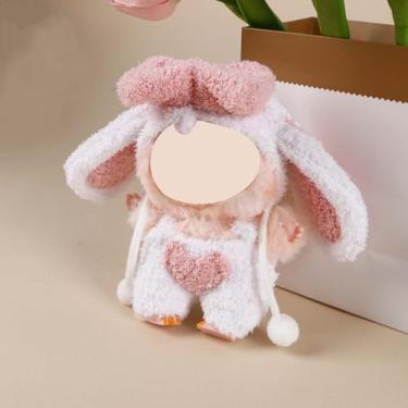Imagem de Compatível com Labubu (sem boneca) - Chapéu de coelho rosa e branco com laço e conjunto de babador de coração, roupa de boneca de 15 cm/17 cm (Rosa-Branco)