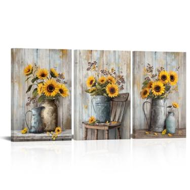 Imagem de LyerArtork Arte de parede de 3 peças em tela de girassol rústico de fazenda vintage country amarelo floral ferrugem regador imagem decoração de parede arte para sala de estar quarto decoração de