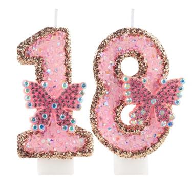 Imagem de Vela rosa de aniversário de 18 anos, número 18 de diamante, borboleta, glitter, decoração de bolo para meninas, mulheres, aniversário, casamento, festa de aniversário, suprimentos para decoração