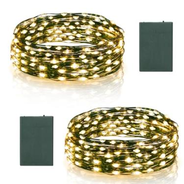Imagem de Pacote com 2 luzes de fadas temporizador operadas a pilha, 50 LEDs, fio verde escuro, micro luz cintilante estrelada com auto impermeável, cordão de luzes de Natal para decoração de quintal interno e