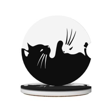 Imagem de Porta-copos de carro de gato branco e preto para porta-copos, pacote com 2 porta-copos de carro para carro, porta-copos de carro absorvente de cerâmica com entalhe de dedo e base de cortiça