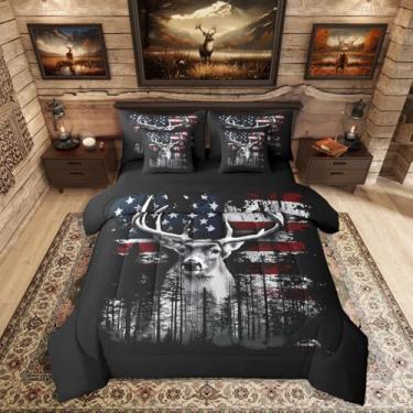 Imagem de Erosebridal Jogo de cama King King de caça com chifres ocidentais, conjunto de edredom de veado alce com lençóis, cama com bandeira americana em uma bolsa para quarto de adultos, meninos e homens