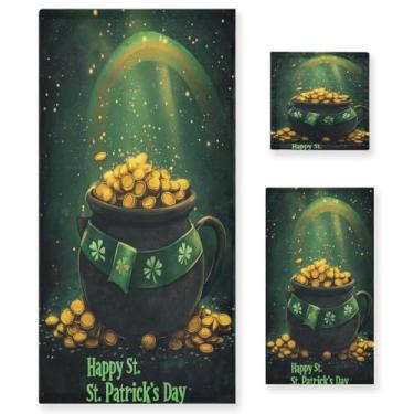 Imagem de Blueangle Conjunto de toalhas decorativas de banheiro com padrão de pote dourado do dia de São Patrício, conjunto de 3 peças com toalha de banho, toalha de mão e toalha de banho (150)