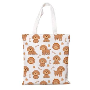 Imagem de Sacola de lona estética para mulheres, adorável bolsa de mão de algodão para cães, linda bolsa de poodle para compras, viagens, deslocamento diário, ótimo presente para amantes de cães, sacolas de