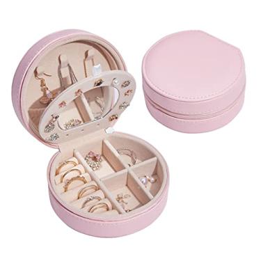 Imagem de uhyOHF Caixa de joias redonda caixa de joias portátil multicamadas organizador de joias brincos anéis caixa de joias gancho com espelho divisor removível organizador de joias (