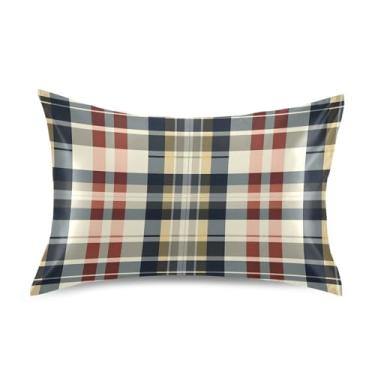 Imagem de Fronha de almofada de seda para pele e cabelo, extra macia, resistente a rugas e desbotamento com fecho de envelope (tamanho padrão, 66 x 50 cm) | Padrão xadrez